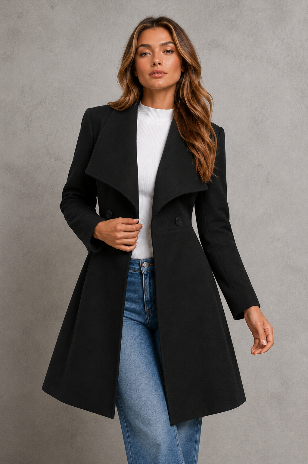 Women's Wool Coat – Fit and Flare, Waterfall Collar