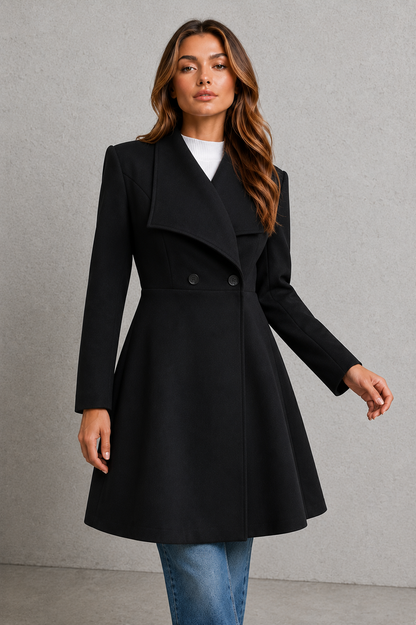 Women's Wool Coat – Fit and Flare, Waterfall Collar