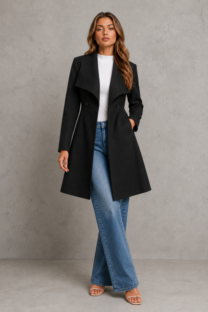 Women's Wool Coat – Fit and Flare, Waterfall Collar
