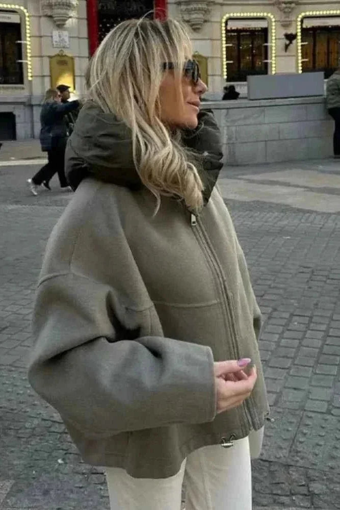 Women's Hooded Jacket – Oversized Zip-Up, Drawstring Hem