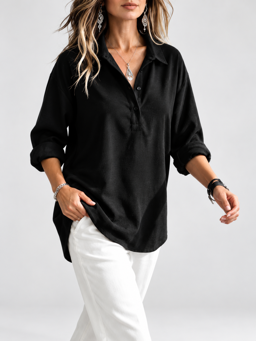 Women's Corduroy Long Sleeve Top – Button Placket, Relaxed Fit