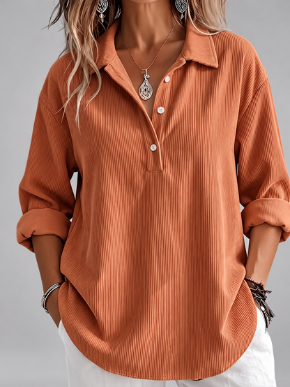 Women's Corduroy Long Sleeve Top – Button Placket, Relaxed Fit