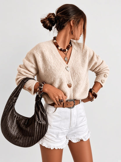 Women's Cardigan – V-Neck, Heart Buttons