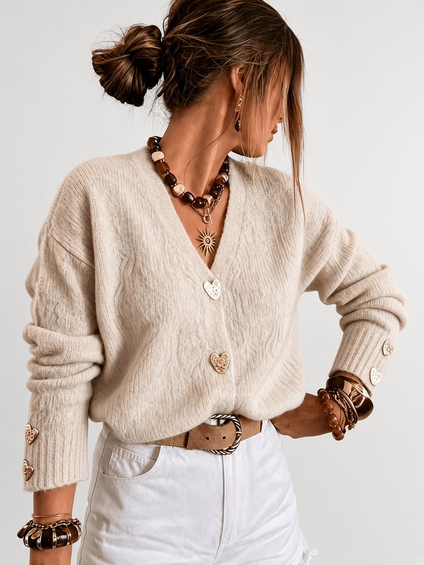 Women's Cardigan – V-Neck, Heart Buttons
