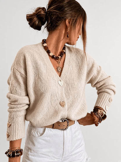 Women's Cardigan – V-Neck, Heart Buttons
