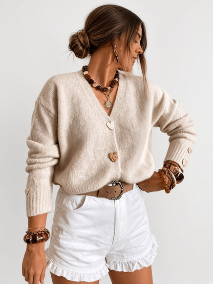 Women's Cardigan – V-Neck, Heart Buttons