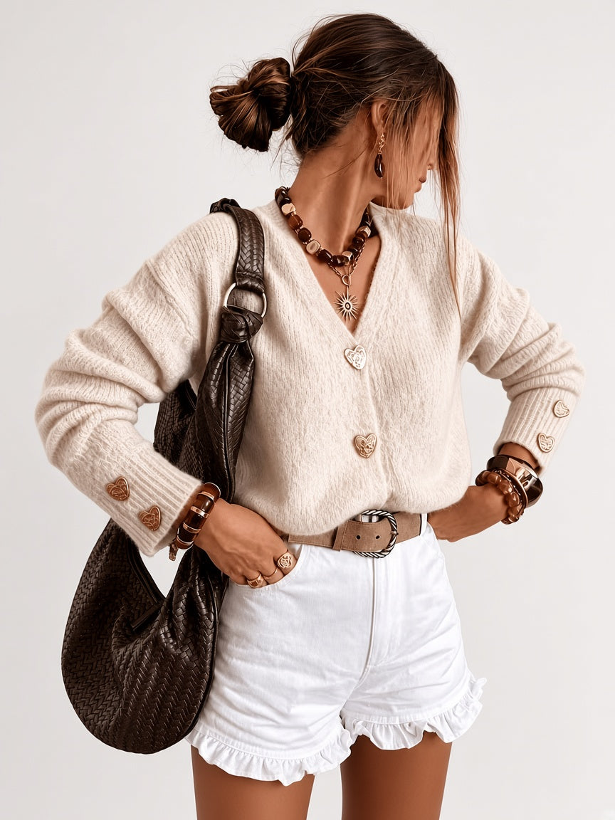Women's Cardigan – V-Neck, Heart Buttons