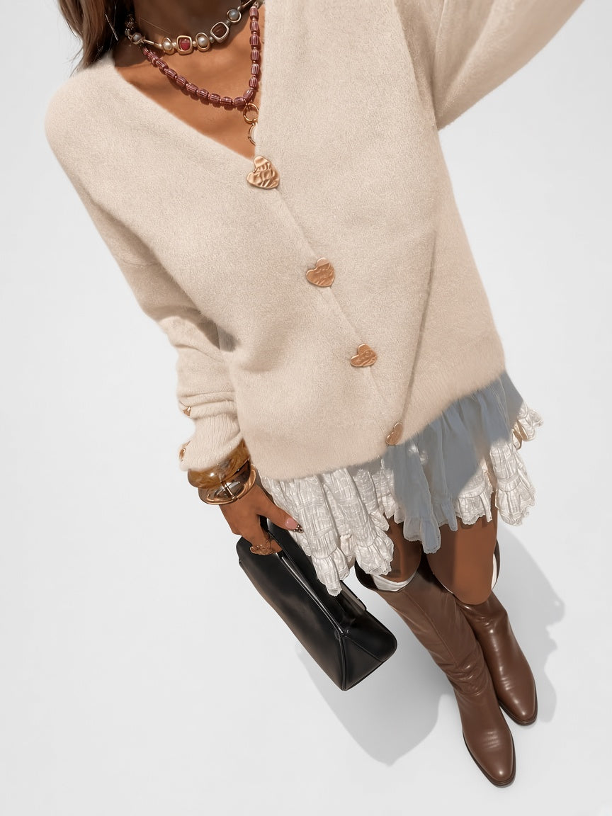 Women's Cardigan – V-Neck, Heart Buttons