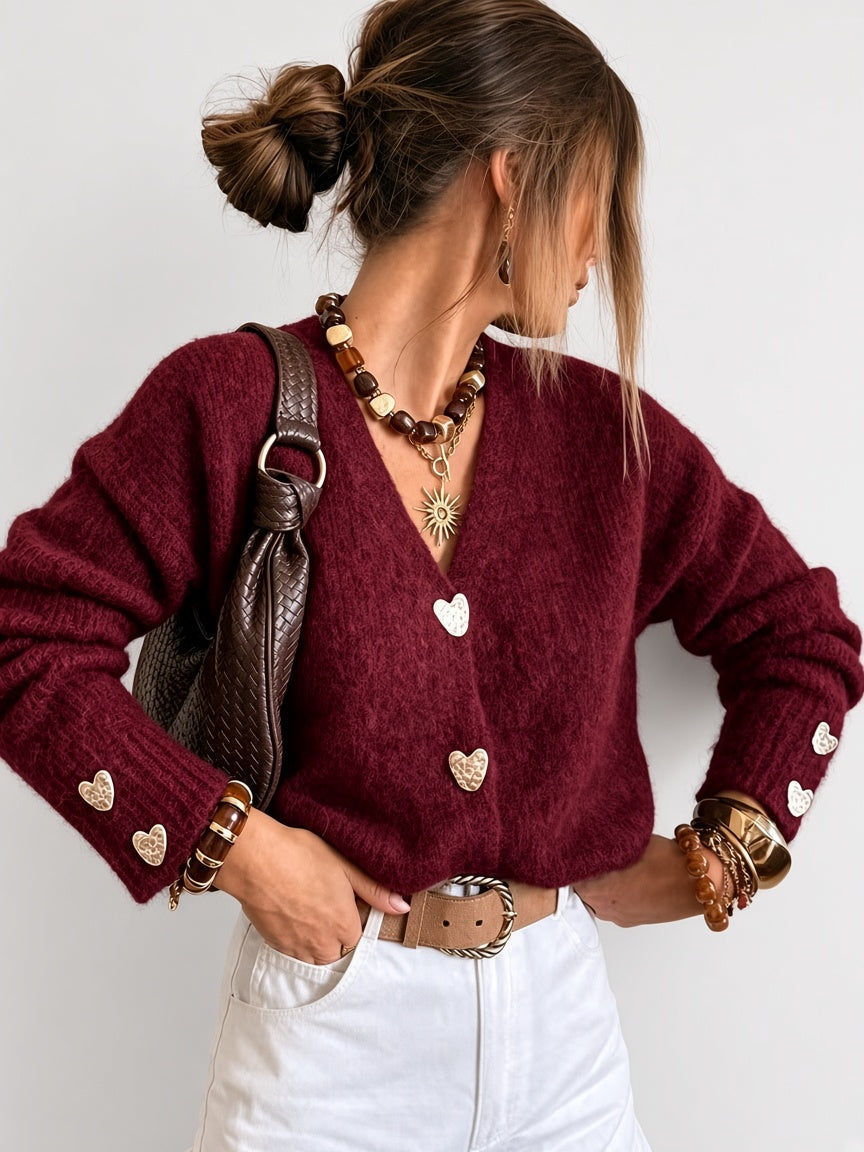 Women's Cardigan – V-Neck, Heart Buttons