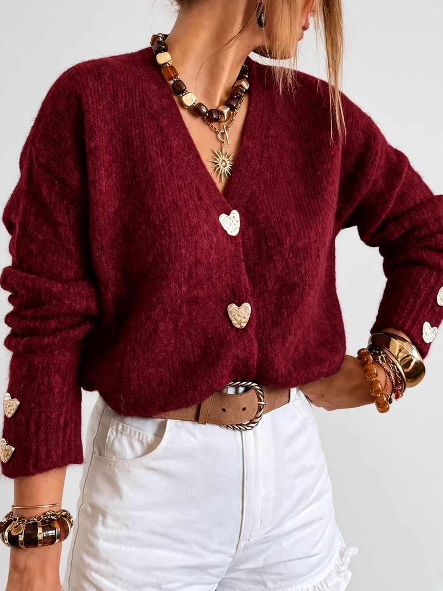 Women's Cardigan – V-Neck, Heart Buttons