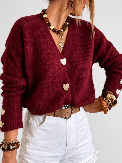 Women's Cardigan – V-Neck, Heart Buttons