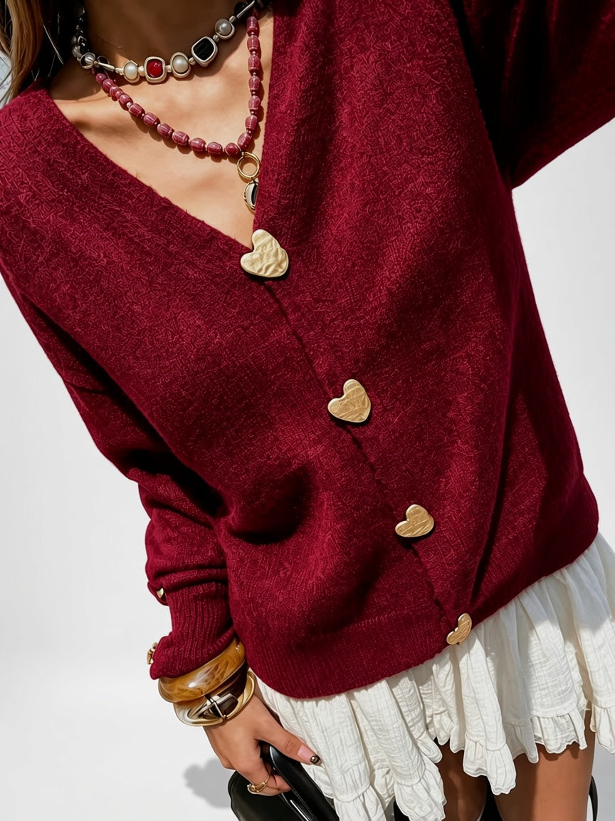Women's Cardigan – V-Neck, Heart Buttons