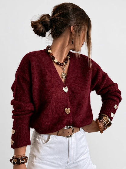 Women's Cardigan – V-Neck, Heart Buttons