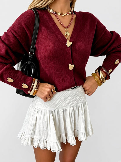 Women's Cardigan – V-Neck, Heart Buttons