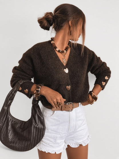 Women's Cardigan – V-Neck, Heart Buttons