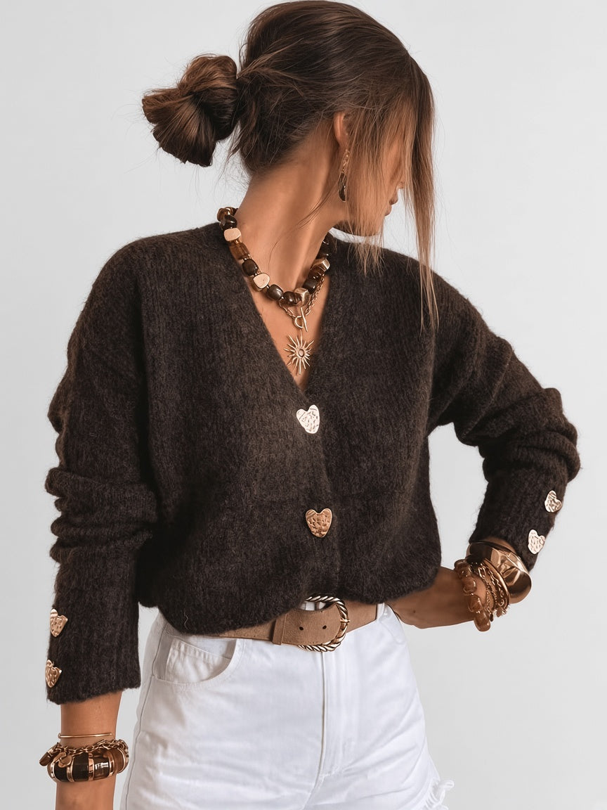 Women's Cardigan – V-Neck, Heart Buttons