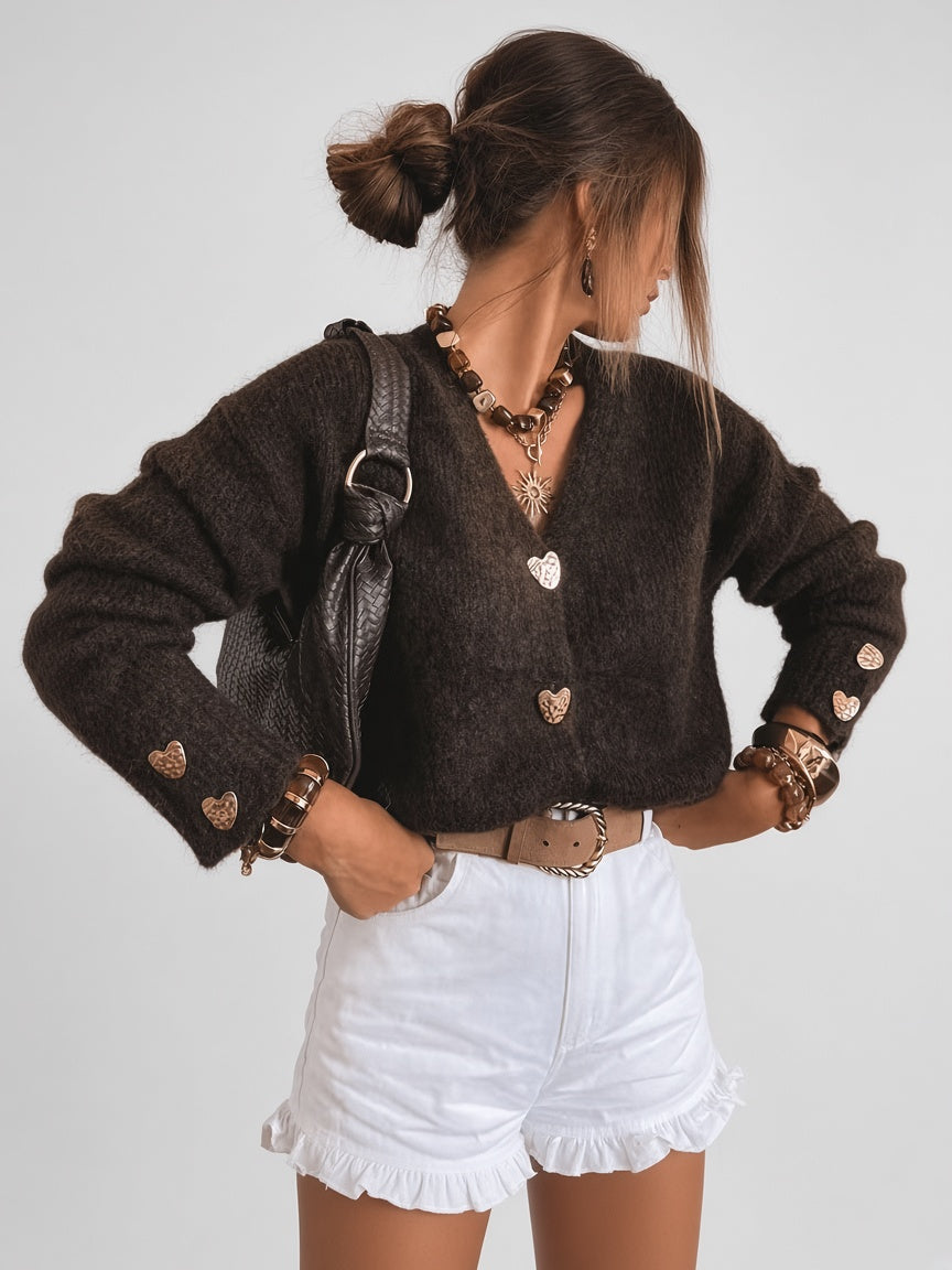 Women's Cardigan – V-Neck, Heart Buttons