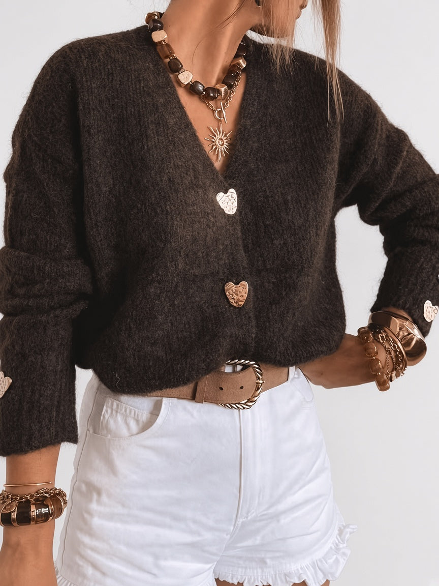 Women's Cardigan – V-Neck, Heart Buttons