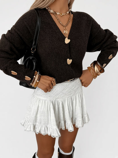 Women's Cardigan – V-Neck, Heart Buttons