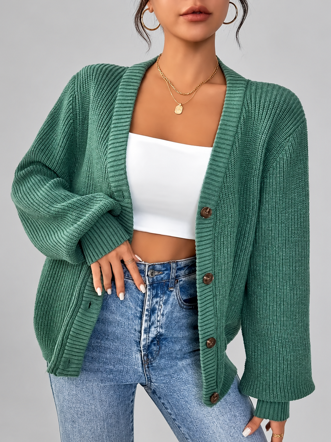 Women's Chunky Knit Cardigan – V-Neck, Button-Front